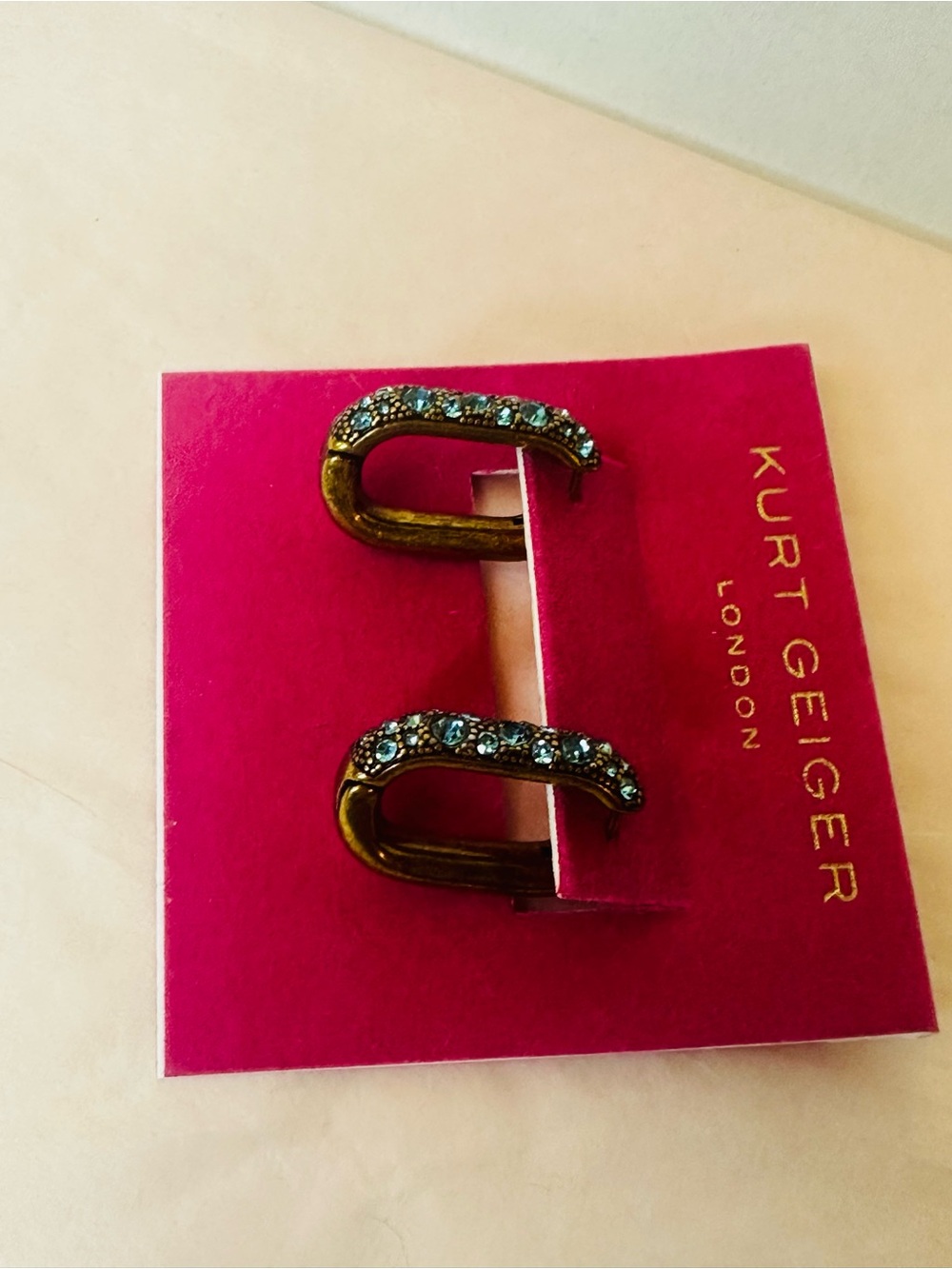 NWT Kurt Geiger Antique Gold Hoop Earrings with Turquoise Crystals - Picture 4 of 8